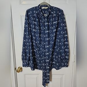 Wayward Francies Button Down Blue Shirt With Tie Neck Accent Ladies 14